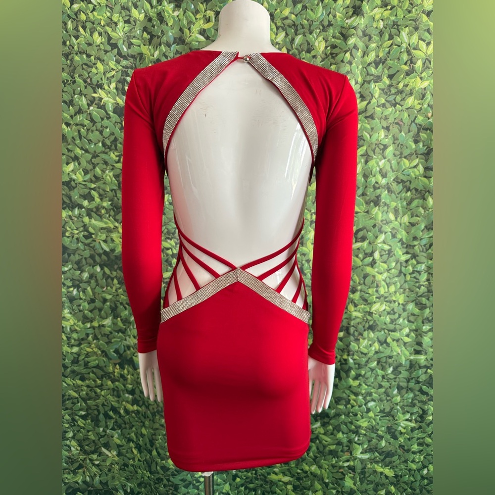 Fashion Nova Red Bodycon Dress Plunge Neckline Long Sleeve